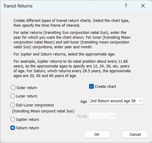 Transit return chart dialog